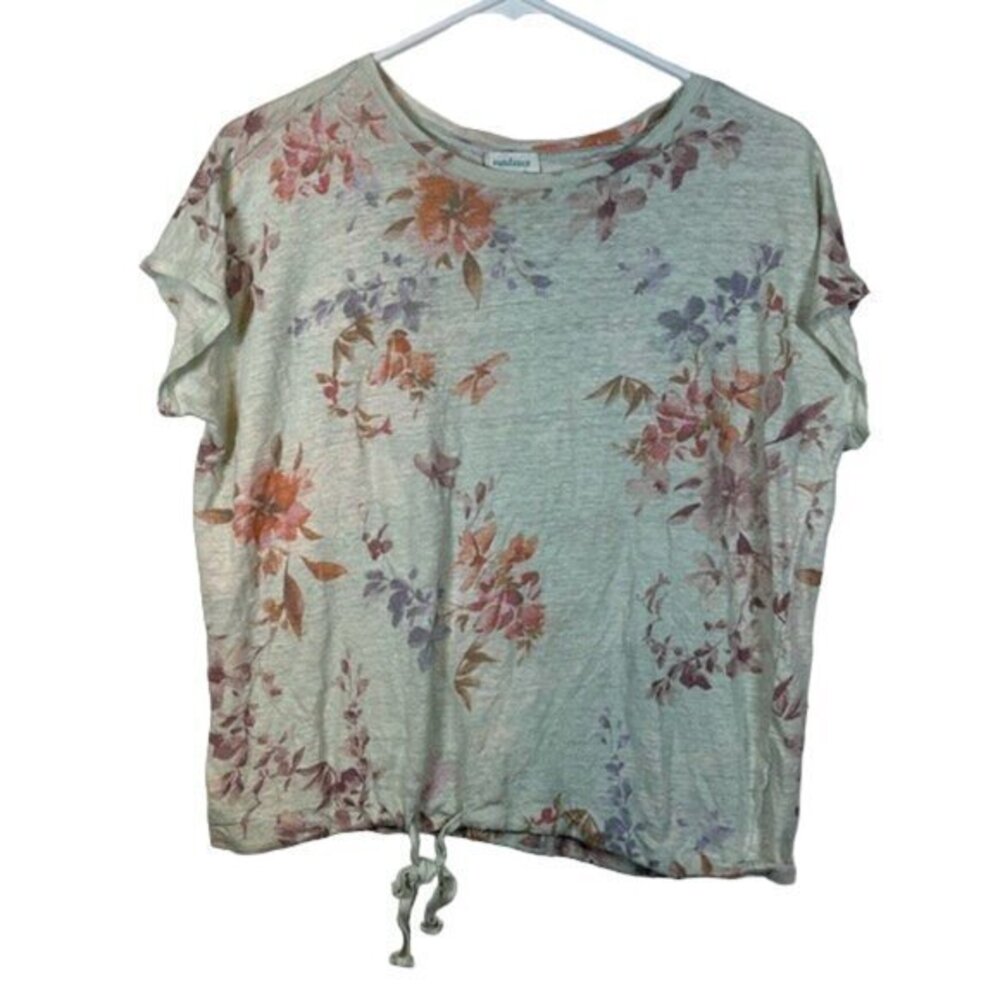 Sundance Sophia Floral Mint Tie Front 100% Linen S/S Blouse Size Med #6959